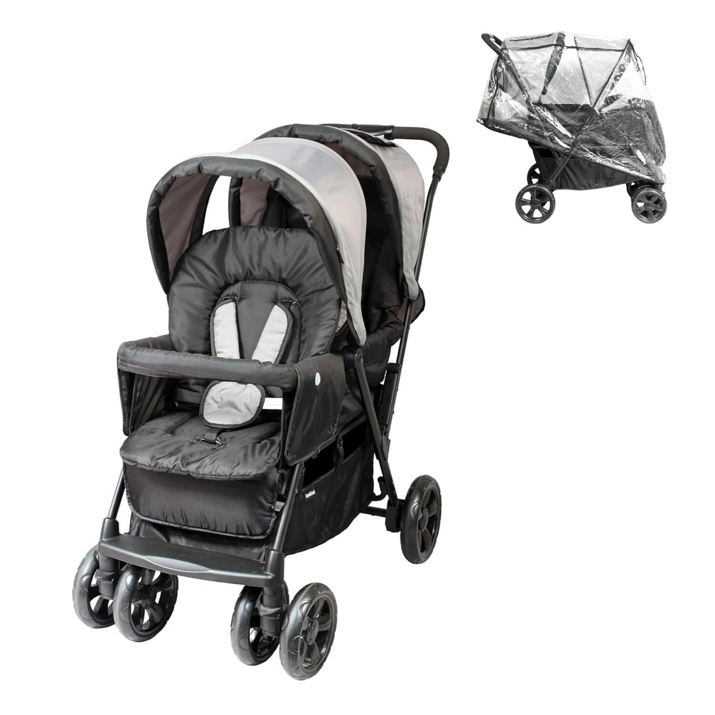 Bambisol poussette double, habillage pluie inclus, pliage facile - gris noir - - Divers