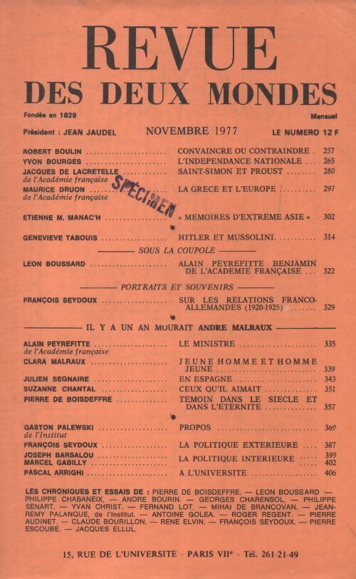 Revue des deux mondes novembre 1977 - Collectif - Livre