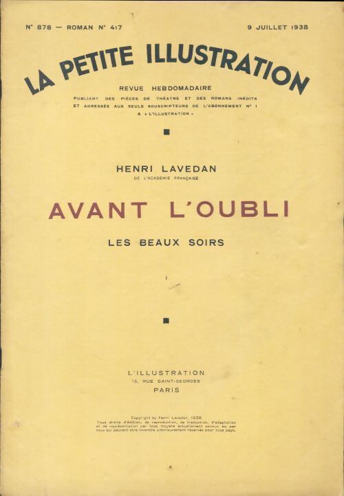La petite illustration n°878 Roman n°417 : Avant l'oubli Tome I - Collectif - Livre