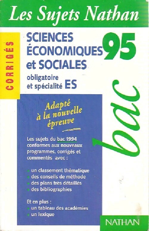 Scienes économiques et sociales Terminales ES corrigés 1995 - Collectif - Livre