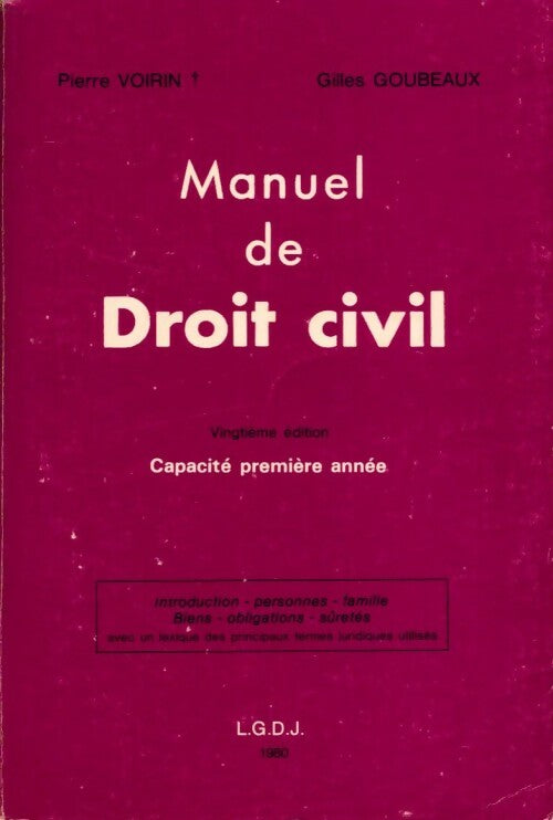 Manuel de droit civil Tome I - Pierre Voirin - Livre