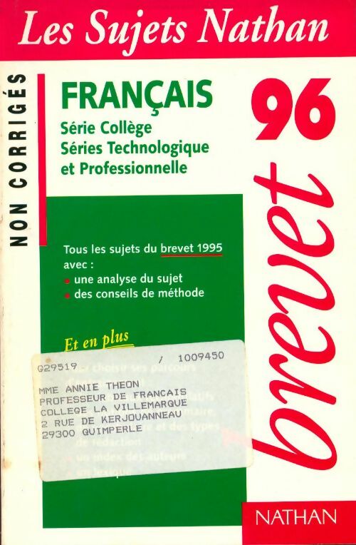 Français séries collège, technologique et professionnelle : Sujets non corrigés 95-96 - Collectif - Livre