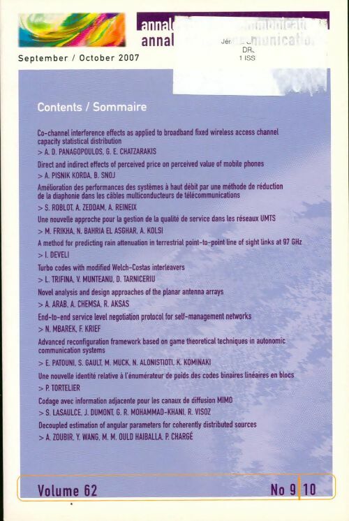 Annales des télécommunications september/october 2007 - Collectif - Livre