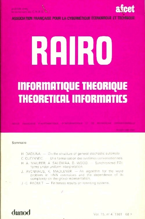 Rairo. Informatique théorique Vol. 15 n°4 - Collectif - Livre