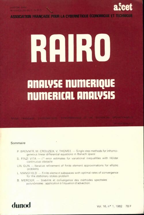 Rairo. Analyse numérique Vol. 16 n°1 - Collectif - Livre