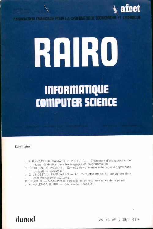 Rairo. Informatique vol. 15 n°1 - Collectif - Livre