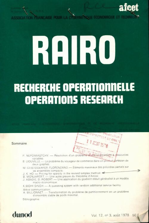 Rairo. Recherche opérationnelle Vol. 12 n°3 - Collectif - Livre
