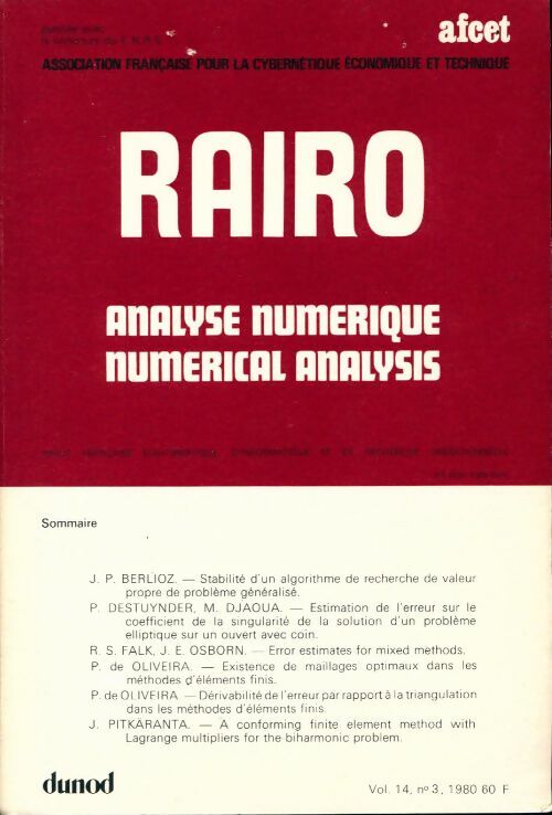 Rairo. Analyse numérique Vol. 14 n°3 - Collectif - Livre