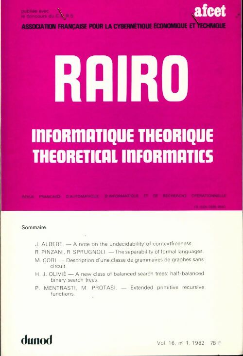 Rairo. Informatique théorique Vol. 16 n°1 - Collectif - Livre