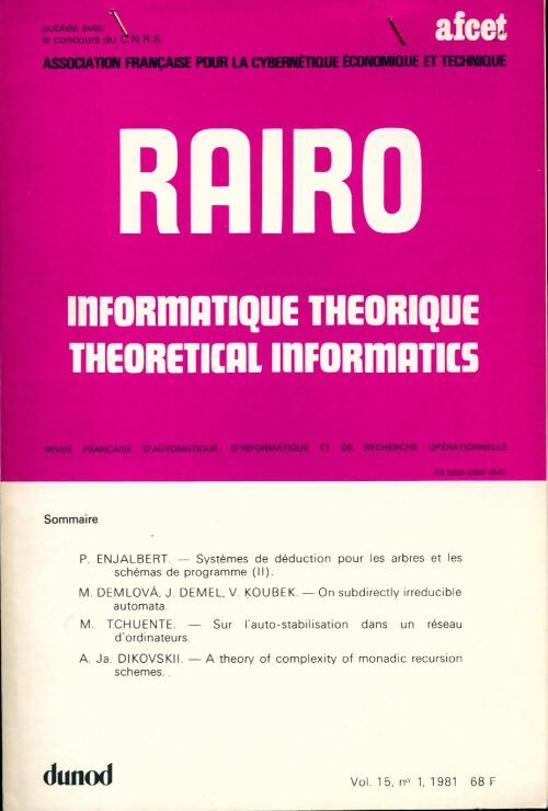 Rairo. Informatique théorique Vol. 15 n°1 - Collectif - Livre