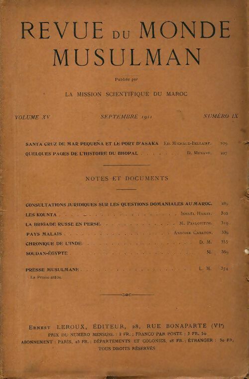 Revue du monde musulman volume XV n°9 - Collectif - Livre