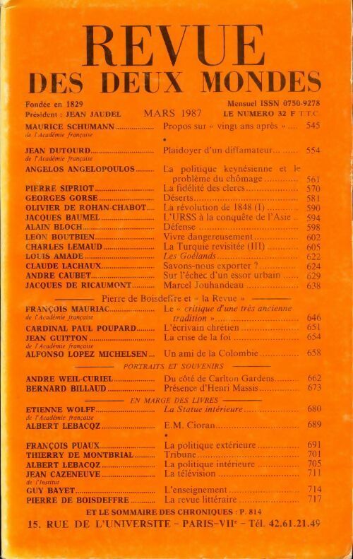 Revue des deux mondes mars 1987 - Inconnu - Livre