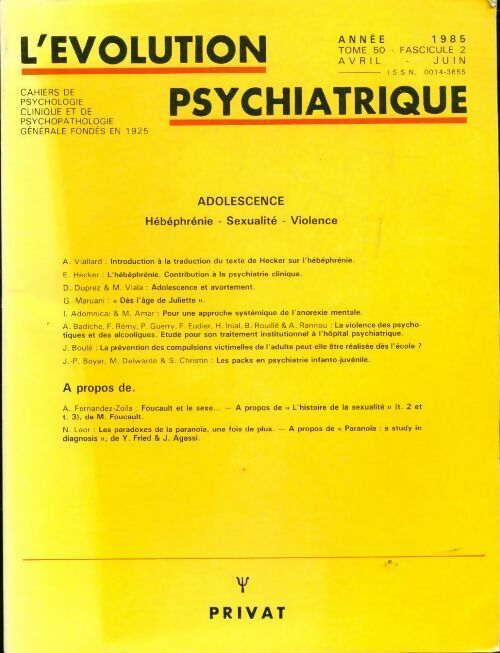 L'évolution psychiatrique n°50 fascicule 2  - Collectif - Livre