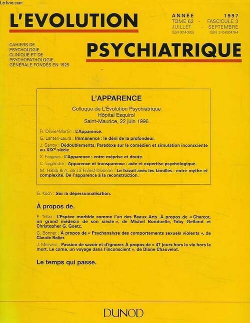 L'évolution psychiatrique n°62-3 : L'apparence - Collectif - Livre