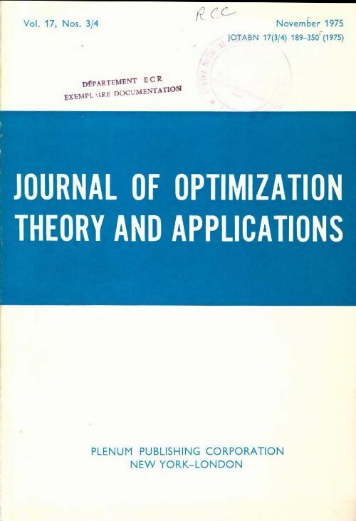 Journal of optimization theory and applications n°17-3/4 - Collectif - Livre