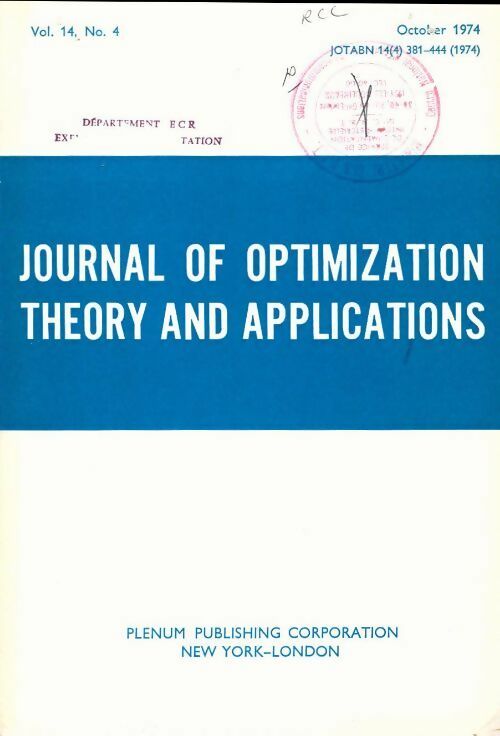 Journal of optimization theory and applications n°14-4 - Collectif - Livre