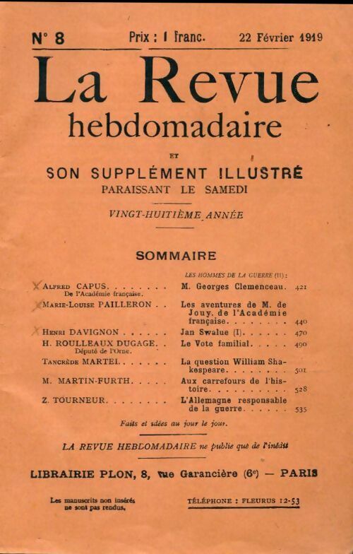 La revue hebdomadaire 28e année n°8 - Collectif - Livre