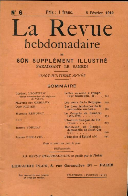 La revue hebdomadaire 28e année n°6 - Collectif - Livre