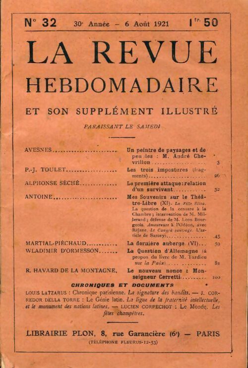 La revue hebdomadaire 30e année n°32 - Collectif - Livre