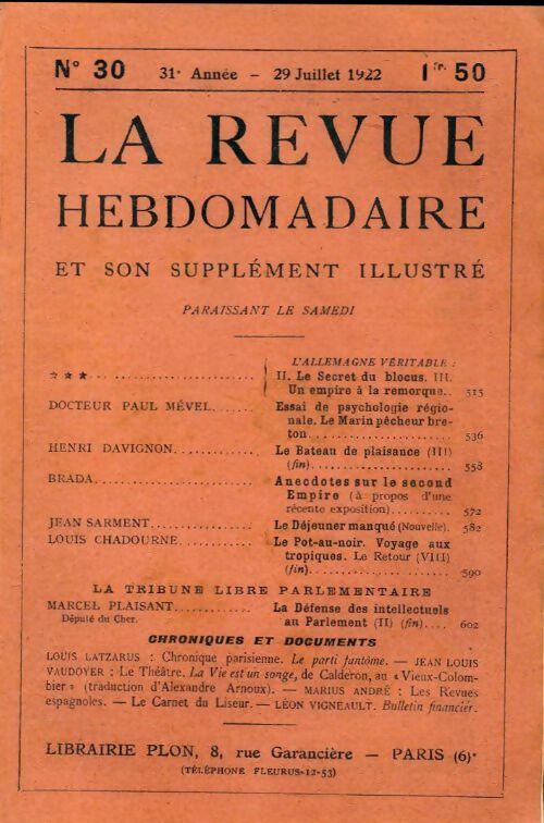 La revue hebdomadaire 31e année n°30 - Collectif - Livre