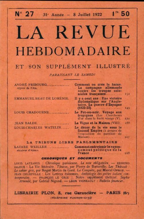 La revue hebdomadaire 31e année n°27 - Collectif - Livre