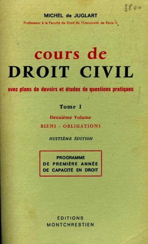 Cours de droit civil Tome I - Michel De Juglart - Livre