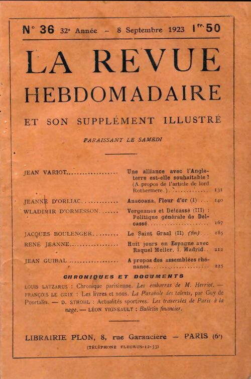 La revue hebdomadaire 32e année n°36 - Collectif - Livre