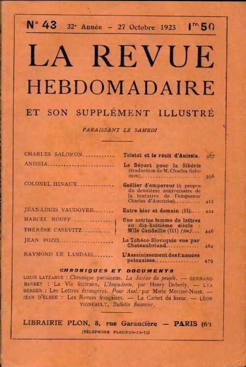 La revue hebdomadaire 32e année n°43 - Collectif - Livre