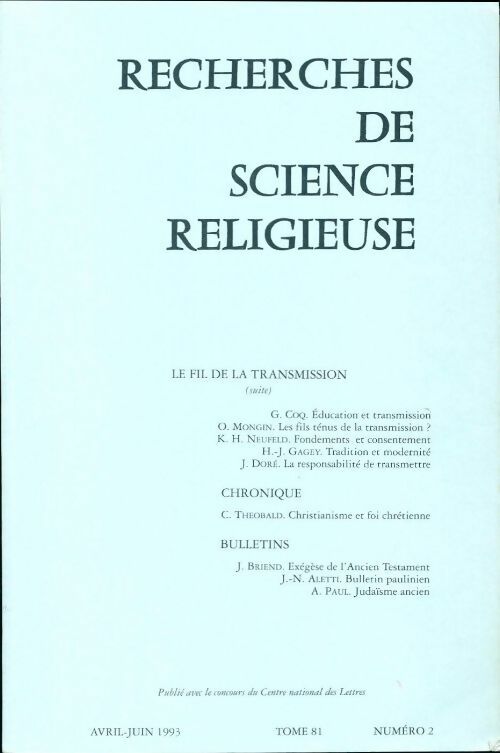 Recherches de science religieuse n°81-2 - Collectif - Livre