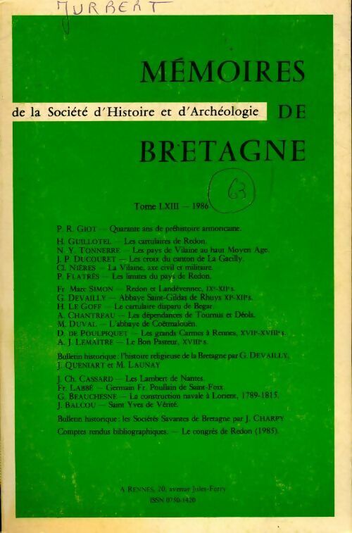 Mémoires de la société d'histoire et d'archéologie de Bretagne Tome LXIII - Collectif - Livre