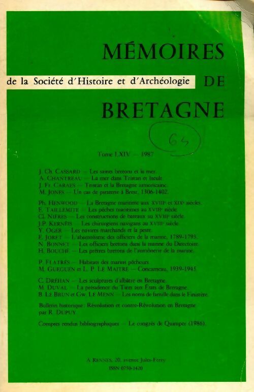 Mémoires de la société d'histoire et d'archéologie de Bretagne Tome LXIV - Collectif - Livre