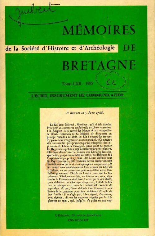 Mémoires de la société d'histoire et d'archéologie de Bretagne Tome LXII - Collectif - Livre