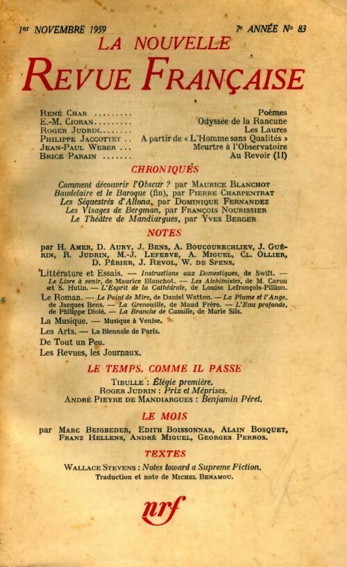 La nouvelle revue française n°83 - Collectif - Livre