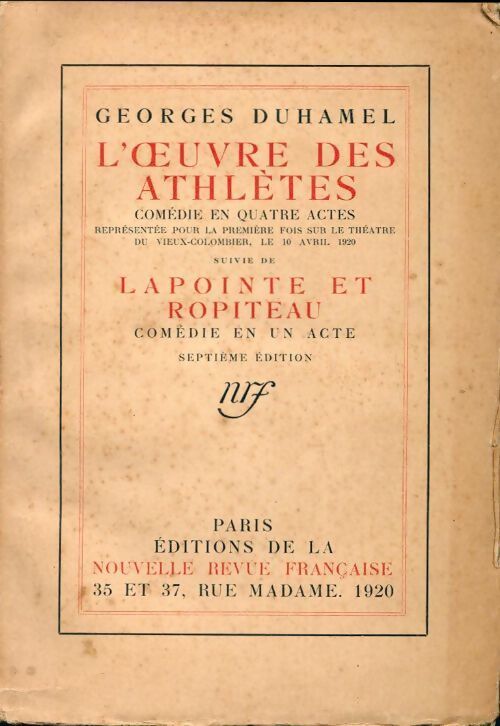 L'oeuvre des athlètes / Lapointe et Ropiteau - Georges Duhamel - Livre