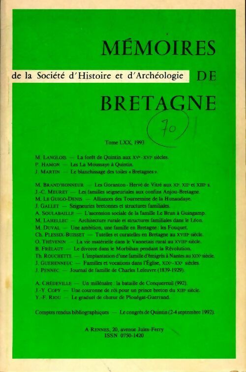 Mémoires de Bretagne de la société d'histoire et d'archéologie Tome LXX - Collectif - Livre
