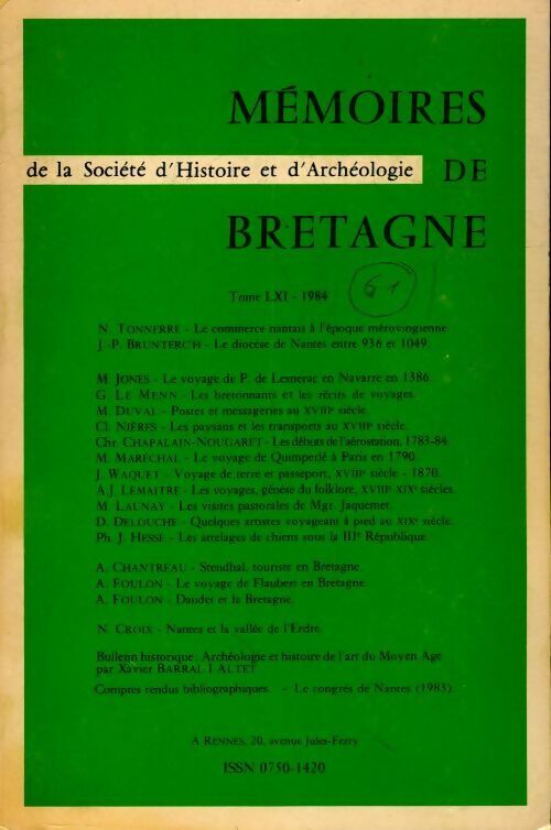Mémoires de Bretagne de la société d'histoire et d'archéologie Tome LXI - Collectif - Livre