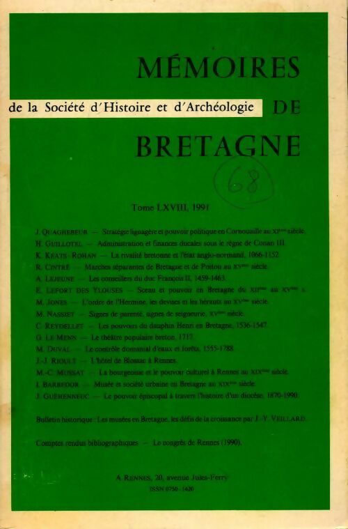 Mémoires de Bretagne de la société d'histoire et d'archéologie Tome LXVIII - Collectif - Livre