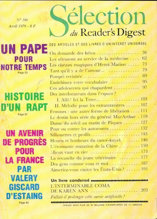 Reader's digest sélection n°386 : Un pape pour notre temps / Histoire d'un rapt / Un avenir de progrès pour la France par Valery Giscard d'Estaing - Collectif - Livre