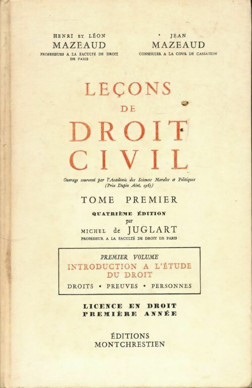 Leçons de droit civil tome I - Henri Mazeaud - Livre