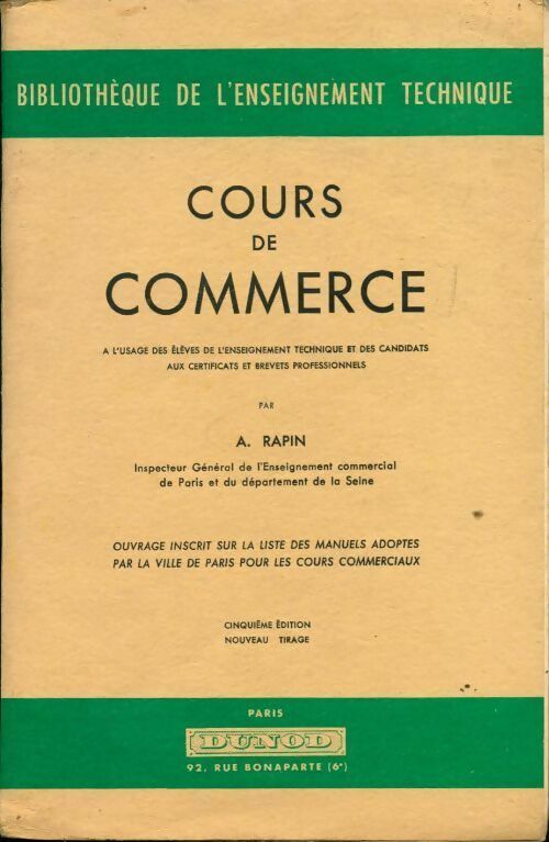 Cours de commerce - A. Rapin - Livre