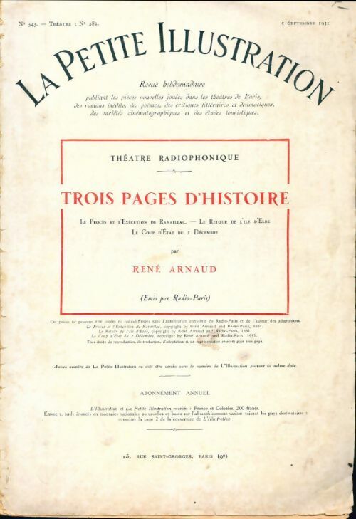 La petite illustration n°543 Théâtre n°282 : Trois pages d'histoire - Collectif - Livre