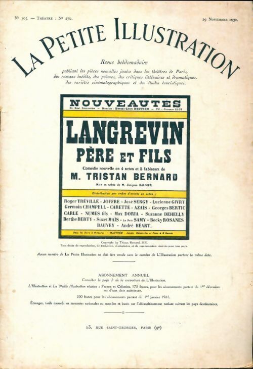 La petite illustration n°505 Théâtre n°270 : Langrevin père et fils - Collectif - Livre