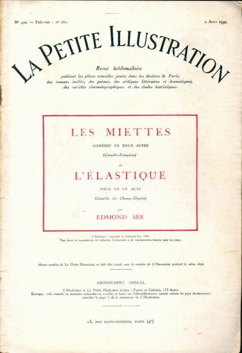 La petite illustration n°490 Théâtre n°260 : Les miettes / L'élastique - Collectif - Livre