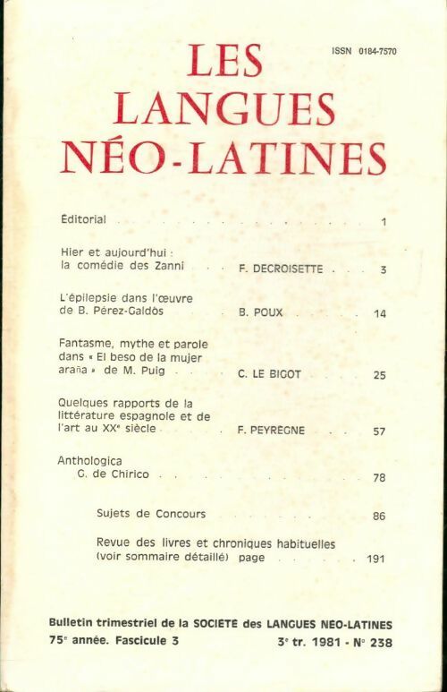 Les langues néo-latines n°238 75e année fascicule 3 - Collectif - Livre