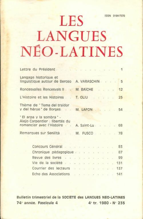 Les langues néo-latines n°235 74e année fascicule 4 - Collectif - Livre
