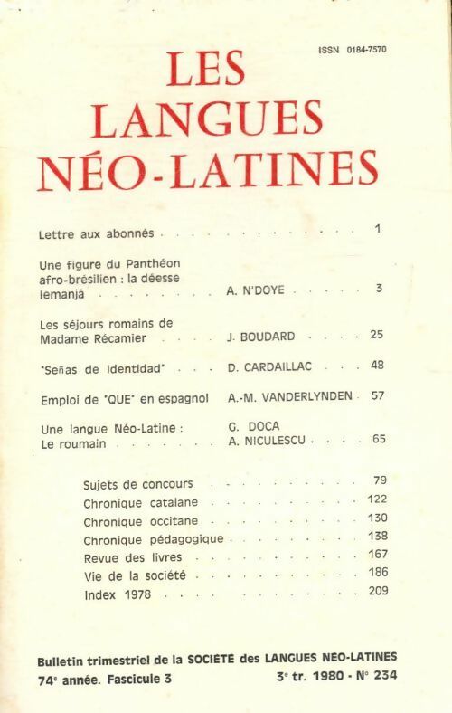 Les langues néo-latines n°234 74e année fascicule 3 - Collectif - Livre