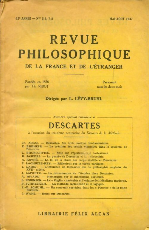 Revue philosophique de la France et de l'étranger n°5-6, 7-8 : Descartes - Collectif - Livre
