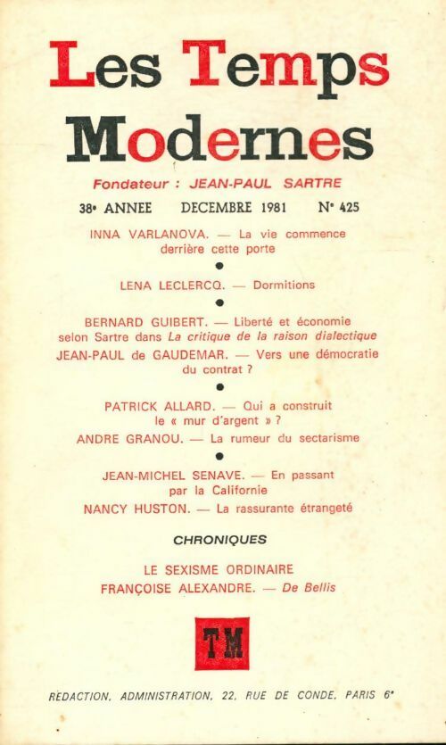 Les temps modernes n°425 - Collectif - Livre