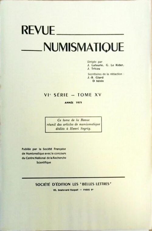 Revue numismatique VIe série Tome XV 1973 - Collectif - Livre