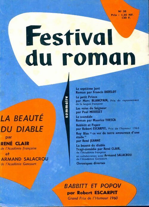 Festival du roman n°38 : La beauté du diable de R. Clair / Babbitt et Popov de R. Escarpit - Collectif - Livre